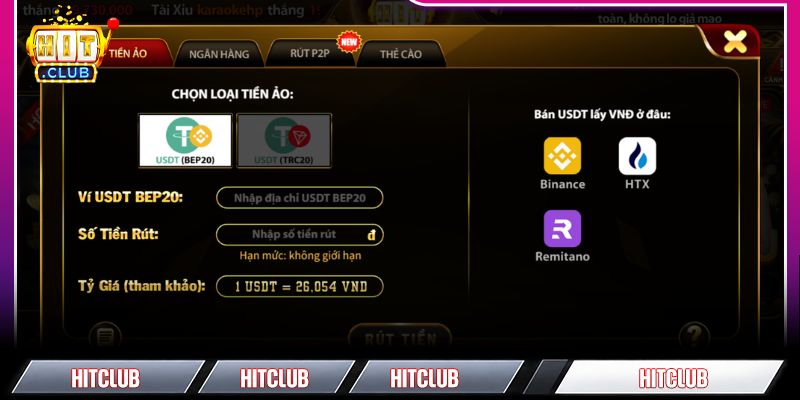 Các phương thức rút tiền HITCLUB đang được hỗ trợ
